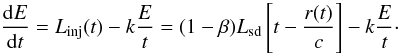 Mathematical equation: \begin{equation} \label{energyone} \frac{{\rm d}E}{{\rm d}t} = L_{\rm inj}(t) - k\frac{E}{t} = (1-\beta) L_{\rm sd}\left[t-\frac{r(t)}{c}\right] - k \frac{E}{t}\cdot \end{equation}