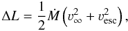 Mathematical equation: \begin{equation} \label{eq:delta_L} \Delta L = \frac{1}{2} \mdot \left(\vinf^2 + \varv_{\rm esc}^2 \right), \end{equation}