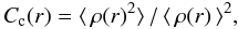 Mathematical equation: \begin{equation} \label{clumpingfactor} \cfactor (r) = \langle\,\rho(r)^2\rangle\,/\,\langle\, \rho(r) \,\rangle^2, \end{equation}