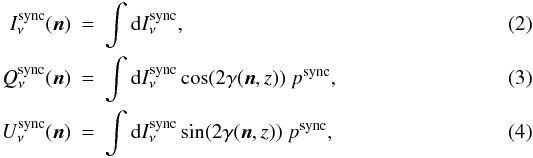 Mathematical equation: \begin{eqnarray} I^{\rm sync}_{\nu} (\mathrm{\vec{n}}) &=& \int \mathrm{d}I^{\rm sync}_{\nu}, \\ Q^{\rm sync}_{\nu} (\mathrm{\vec{n}}) &=& \int \mathrm{d}I^{\rm sync}_{\nu} \cos(2\gamma(\mathrm{\vec{n}},z)) \ p^{\rm sync}, \\ U^{\rm sync}_{\nu} (\mathrm{\vec{n}}) &=& \int \mathrm{d}I^{\rm sync}_{\nu} \sin(2\gamma(\mathrm{\vec{n}},z)) \ p^{\rm sync}, \end{eqnarray}
