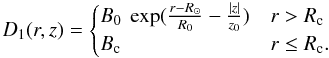 Mathematical equation: \begin{equation} D_1(r,z) = \begin{cases} B_0 \ \exp(\frac{r-R_{\odot}}{R_0}- \frac{|z|}{z_0}) & r > R_{\rm c} \\ B_{\rm c} & r \leq R_{\rm c}. \end{cases} \end{equation}
