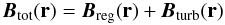 Mathematical equation: \begin{equation} \centering \vec{B}_{\rm tot} (\mathbf {r}) = \vec{B}_{\rm reg}(\mathbf {r}) + \vec{B}_{\rm turb}(\mathbf {r}) \end{equation}