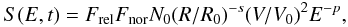 Mathematical equation: \appendix \setcounter{section}{1} \begin{eqnarray*} S(E,t) = F_{\rm rel} F_{\rm nor} N_0 (R/R_0)^{-s} (V/V_0)^2 E^{-p}, \end{eqnarray*}