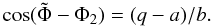Mathematical equation: \begin{equation} \cos(\tilde{\Phi}-\Phi_{2})=(q-a)/b. \label{eq:qab} \end{equation}