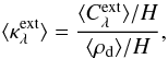Mathematical equation: \begin{equation} \langle \kappa^{\rm ext}_\lambda\rangle = \frac{\langle C^{\rm ext}_\lambda\rangle /H}{\langle \rho_{\rm d}\rangle /H}, \end{equation}