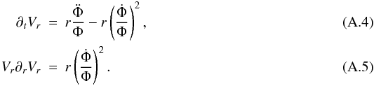 Mathematical equation: \appendix \setcounter{section}{1} \begin{eqnarray} \partial_t V_{r}&=&r \frac{\ddot\Phi}{\Phi}-r\left(\frac{\dot\Phi}{\Phi}\right)^{2}, \\ V_{r}\partial_r V_{r}&=&r\left(\frac{\dot\Phi}{\Phi}\right)^{2}. \end{eqnarray}