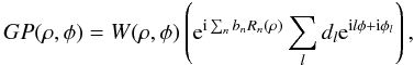 Mathematical equation: \begin{equation} \label{eq:GP} GP(\rho,\phi) = W(\rho,\phi) \left({\rm e}^{{\rm i}\sum_n{b_nR_{n}(\rho)}} \sum_{l} d_{l} {\rm e}^{{\rm i}l\phi+{\rm i}\phi_l}\right), \end{equation}