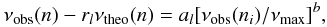 Mathematical equation: \begin{equation} \nu_{\rm obs}(n)-r_{l}\nu_{\rm theo}(n)=a_{l}[\nu_{\rm obs}(n_{i})/\nu_{\rm max}]^{b}, \end{equation}