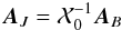 Mathematical equation: \begin{equation} {\vec{A}}_{J}=\mathcal{X}_0^{-1}{\vec{A}}_{B} \end{equation}