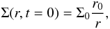Mathematical equation: \begin{equation} \Sigma(r,t=0)=\Sigma_0\frac{r_0}{r}, \end{equation}