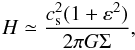 Mathematical equation: \begin{equation} H \simeq \frac{c_{\rm s}^2(1+\varepsilon^2)}{2\pi G\Sigma}, \end{equation}