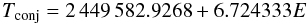 Mathematical equation: \begin{equation} T_{\rm conj}=2\,449\,582.9268+6.724333E \end{equation}