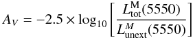 Mathematical equation: \begin{equation} \label{eqn:av} A_V=-2.5\times \log_{10}\left[\frac{L_{\rm tot}^{\rm M}(5550)}{L_{\rm unext}^M(5550)} \right] \end{equation}