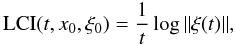 Mathematical equation: \begin{equation} \mathrm{LCI}(t,x_0,\xi_0) = \frac{1}{t} \log \Vert \xi(t) \Vert, \end{equation}