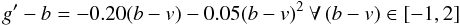 Mathematical equation: \begin{equation} g^\prime -b = -0.20(b-v)-0.05(b-v)^2\: \forall\, (b -v) \in [-1, 2] \end{equation}