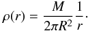Mathematical equation: \begin{equation} \rho(r)=\frac{M}{2\pi R^2}\frac {1}{r}\cdot \label{rhocl.eq} \end{equation}