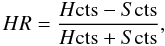 Mathematical equation: \begin{equation} HR=\frac{H{\rm cts}-S{\rm cts}}{H{\rm cts}+S{\rm cts}}, \end{equation}