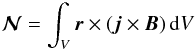 Mathematical equation: \begin{equation} \label{total_torque} \vec{\mathcal{N}} = \int_V \vec{r} \times (\vec{j}\times\vec{B}) \, \mathrm{d}V \end{equation}