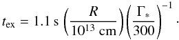 Mathematical equation: \begin{equation} t_{\rm ex} = 1.1\,{\rm s}\,\left(\frac{R}{10^{13}\ {\rm cm}}\right)\left(\frac{\Gamma_*}{300}\right)^{-1}\cdot \end{equation}