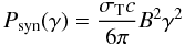 Mathematical equation: \begin{equation} P_{\rm syn}(\gamma) = \frac{\sigma_{\rm T}c}{6\pi} B^2 \gamma ^2\, \end{equation}