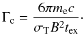 Mathematical equation: \begin{equation} \Gamma_{\rm c} = \frac{6\pi m_{\rm e}c}{\sigma_{\rm T} B^2 t_{\rm ex}}\cdot \label{eq:gc} \end{equation}
