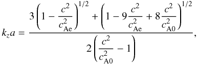 Mathematical equation: \begin{equation} k_z a = \displaystyle \frac{3\left(\displaystyle1- \frac{c^2}{\ce^2}\right)^{1/2}+\left(\displaystyle1-9\frac{c^2}{\ce^2}+8\frac{c^2}{\co^2}\right)^{1/2}}{2\left(\displaystyle\frac{c^2}{\co^2}-1\right)}, \label{eq:sauskza} \end{equation}