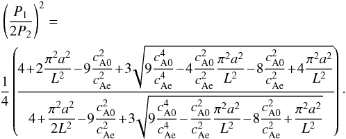 Mathematical equation: \begin{eqnarray} \displaystyle \left(\frac{P_1}{2P_2}\right)^2 = \hspace{7cm}\nonumber \\ \frac{1}{4}\left(\!\frac{\displaystyle4\!+\!2\frac{\pi^2 a^2}{L^2}\!-\!9\frac{\co^2}{\ce^2}\! +\! 3\!\sqrt{9\frac{\co^4}{\ce^4}\!-\!4\frac{\co^2}{\ce^2}\frac{\pi^2 a^2}{L^2}\!-\!8\frac{\co^2}{\ce^2}\!+\!4\frac{\pi^2 a^2}{L^2}}}{\displaystyle 4\! +\!\frac{\pi^2 a^2}{2L^2}\!-\!{9}\frac{\co^2}{\ce^2}\! +\! {3}\!\sqrt{{9}\frac{\co^4}{\ce^4}\!-\!\frac{\co^2}{\ce^2}\frac{\pi^2 a^2}{L^2}\!-\!8\frac{\co^2}{\ce^2}\!+\!\frac{\pi^2 a^2}{L^2}}}\!\right)\cdot \nonumber \\ \label{eq:sauspr} \end{eqnarray}
