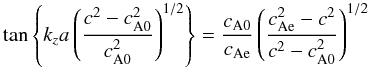 Mathematical equation: \begin{eqnarray} \displaystyle \tan \left\{k_z a \left(\frac{c^2-\co^2}{\co^2}\right)^{1/2} \right\} = \frac{\co}{\ce}\left(\frac{\ce^2-c^2}{c^2-\co^2}\right)^{1/2} \label{eq:kinkg} \end{eqnarray}