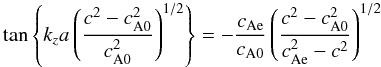 Mathematical equation: \begin{eqnarray} \displaystyle \tan \left\{k_z a \left(\frac{c^2-\co^2}{\co^2}\right)^{1/2} \right\} =- \frac{\ce}{\co}\left(\frac{c^2-\co^2}{\ce^2-c^2}\right)^{1/2} \label{eq:sausg} \end{eqnarray}