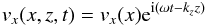 Mathematical equation: \begin{equation} v_x(x,z,t) = v_x(x) {\rm e}^{{\rm i}(\omega t -k_z z)} \label{eq:vx} \end{equation}