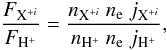 Mathematical equation: \begin{equation} \frac{F_{{\rm X}^{+i}}}{F_{{\rm H}^+}} = \frac{n_{{\rm X}^{+i}} \ n_{\rm e} \ j_{{\rm X}^{+i}}} {n_{{\rm H}^{+}} \ n_{\rm e} \ j_{{\rm H}^{+}}} , \end{equation}