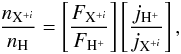 Mathematical equation: \begin{equation} \frac{n_{{\rm X}^{+i}}}{n_{\rm H}} = \left[\frac{F_{{\rm X}^{+i}}}{F_{{\rm H}^+}}\right] \left[\frac{j_{{\rm H}^{+}}}{j_{{\rm X}^{+i}}}\right], \end{equation}