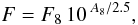 Mathematical equation: \begin{equation} F = F_8\, 10\,^{A_8/2.5}, \end{equation}