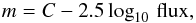 Mathematical equation: \begin{equation} m=C-2.5 \log_{10}\,{\rm flux}, \end{equation}