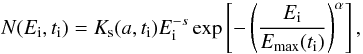 Mathematical equation: \begin{equation} N(E\rs{i}, t\rs{i}) = K\rs{s}(a,t\rs{i})E\rs{i}^{-s}\exp \left[-\left(\frac{E\rs{i}}{E\rs{max}(t\rs{i})}\right)^{\alpha}\right], \end{equation}