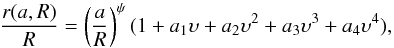 Mathematical equation: \appendix \setcounter{section}{1} \begin{equation} \frac{r(a,R)}{R} = \left(\frac{a}{R}\right)^{\psi} (1+a\rs{1}\upsilon+a\rs{2}\upsilon^2+a\rs{3}\upsilon^3+a\rs{4}\upsilon^4) , \label{approx} \end{equation}