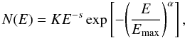Mathematical equation: \begin{equation} N(E) = KE^{-s} \exp\left[ -{\left(\frac{E}{E\rs{max}}\right)^{\alpha}}\right], \label{el-distr} \end{equation}