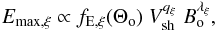 Mathematical equation: \begin{equation} E\rs{max,\xi} \propto f\rs{E,\xi}(\Theta\rs{o}) \; V\rs{sh}^{q\rs{\xi}} \; B\rs{o}^{\lambda\rs{\xi}}, \label{emax} \end{equation}