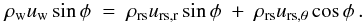 Mathematical equation: \begin{equation} \rho_{\mathrm{w}} u_{\mathrm{w}} \sin \phi \ = \ \rho_{\mathrm{rs}} u_{\mathrm{rs,r}} \sin \phi \ + \ \rho_{\mathrm{rs}} u_{\mathrm{rs,\theta}} \cos \phi \, . \label{eq:shjump1-2d} \end{equation}