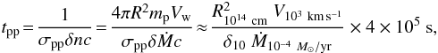 Mathematical equation: \begin{eqnarray*} t_{\rm pp}\!= \!\frac{1} {\sigma_{\rm pp} \delta n c}\!=\!\frac{4 \pi R^2 m_{\rm p} V_{\rm w}} {\sigma_{\rm pp} \delta \dot{M} c}\!\approx \!\frac{R^{2}_{10^{14}~\rm cm} ~V_{10^{3}~\rm km\,s^{-1}}}{\delta_{10}~\dot{M}_{10^{-4}~M_\odot/{\rm yr}}}\times 4\times 10^5~ {\rm s}, \end{eqnarray*}