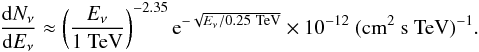 Mathematical equation: \begin{eqnarray*} \frac{{\rm d}N_{\nu}}{{\rm d}E_{\nu}} \approx \left ( \frac{E_{\nu}}{1~{\rm TeV}} \right )^{-2.35} {\rm e}^{- \sqrt{E_{\nu}/0.25~{\rm TeV}}}\times 10^{-12}~({\rm cm^2~s~TeV})^{-1}. \end{eqnarray*}