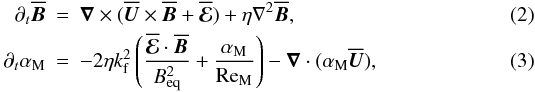 Mathematical equation: \begin{eqnarray} \label{mfeqn}\partial_t \Bbar &=& \curl (\Ubar\times\Bbar+\meanEMF) + \eta\lap \Bbar, \\ \label{alphaeqn}\partial_t \alpha_{\rm M}&=& -2\eta\kf^2 \left( \frac{\meanEMF\cdot\Bbar}{\Beq^2} + \frac{\alpha_{\rm M}}{\Rm} \right) -\vec{\nabla}\cdot(\alpha_{\rm M}\Ubar) , \end{eqnarray}
