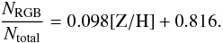 Mathematical equation: \begin{equation} \frac{N_{\rm RGB}}{N_{\rm total}} = 0.098{\rm [Z/H]} + 0.816 . \end{equation}