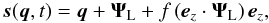 Mathematical equation: \begin{equation} \vs(\vq,t) = \vq + \vPsi_{\rm L} + f \, (\ve_z\cdot\vPsi_{\rm L}) \, \ve_z, \label{sq} \end{equation}