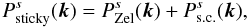 Mathematical equation: \begin{equation} \Psticky^s(\vk) = \PZel^s(\vk) + \Psc^s(\vk), \label{Ps-sticky-def} \end{equation}