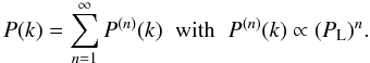 Mathematical equation: \begin{equation} P(k) = \sum_{n=1}^{\infty} P^{(n)}(k) \;\; \mbox{with} \;\; P^{(n)}(k) \propto (P_{\rm L})^{n}. \label{Pstd} \end{equation}