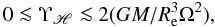 Mathematical equation: \begin{equation} 0\la \Upsilon_{\mathscr{H}}\la 2(GM/R_{\rm e}^3\Omega^2), \label{estups} \end{equation}