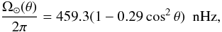 Mathematical equation: \begin{equation} \label{sol2} \frac{\Omega_{\odot}(\theta)}{2\pi} = 459.3(1-0.29\cos^2\theta) \ \ {\rm nHz}, \end{equation}