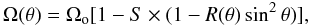 Mathematical equation: \begin{equation} \label{omsto} \Omega(\theta) = \Omega_{\rm o}[1-S\times(1-R(\theta)\sin^2\theta)] , \end{equation}