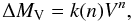 Mathematical equation: \begin{equation} \label{mvrot} \Delta M_{\rm V} = k(n)V^n, \end{equation}